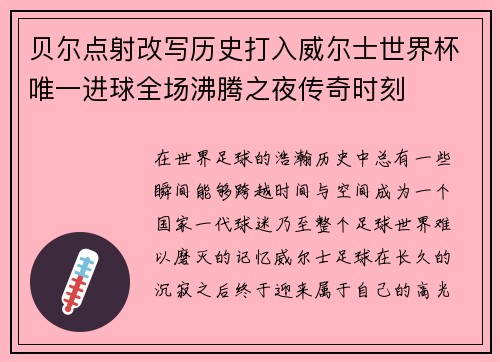 贝尔点射改写历史打入威尔士世界杯唯一进球全场沸腾之夜传奇时刻