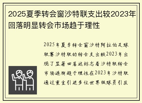 2025夏季转会窗沙特联支出较2023年回落明显转会市场趋于理性