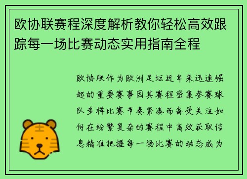 欧协联赛程深度解析教你轻松高效跟踪每一场比赛动态实用指南全程